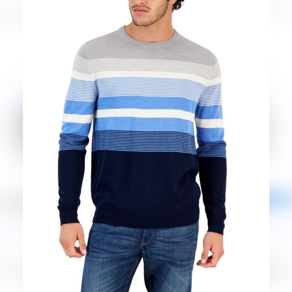 Club Room Grey White Blue Striped Classic Merino Wool Blend Sweater Size XL - Picture 1 of 8